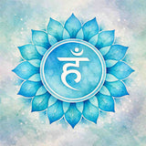 Blue Throat Chakra (Vishuddha) with a white symbol on a light blue background.