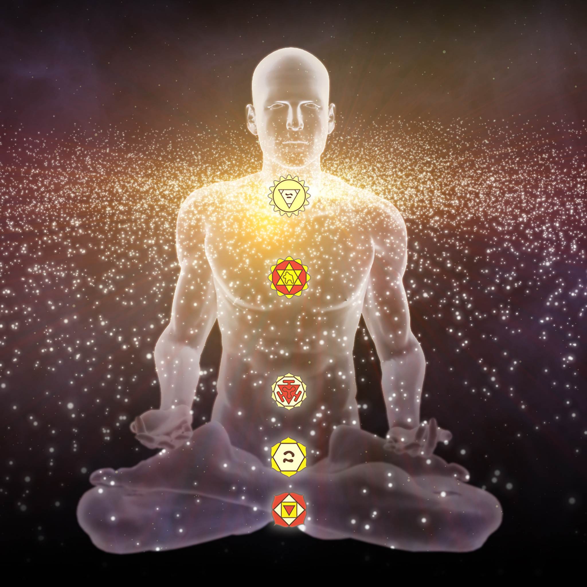 A translucent human figure in a meditative pose with glowing chakras, surrounded by sparkling golden light against a cosmic background. Symbolises high vibration, spiritual elevation, and chakra activation.