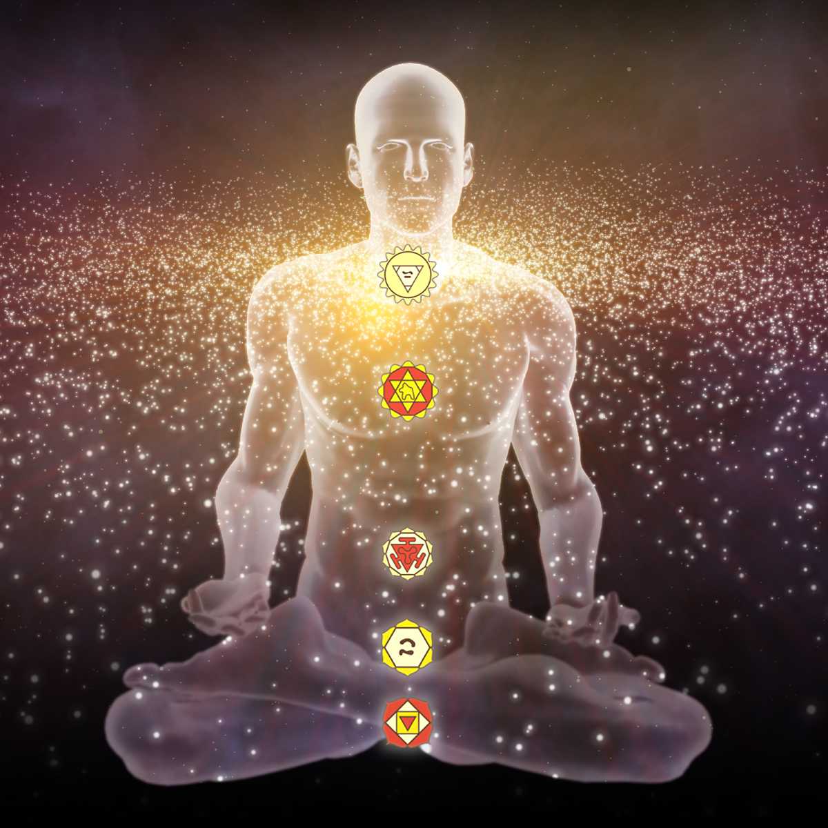 Human figure in a meditative pose with glowing chakras, surrounded by sparkling golden light. Symbolises high vibration energy.
