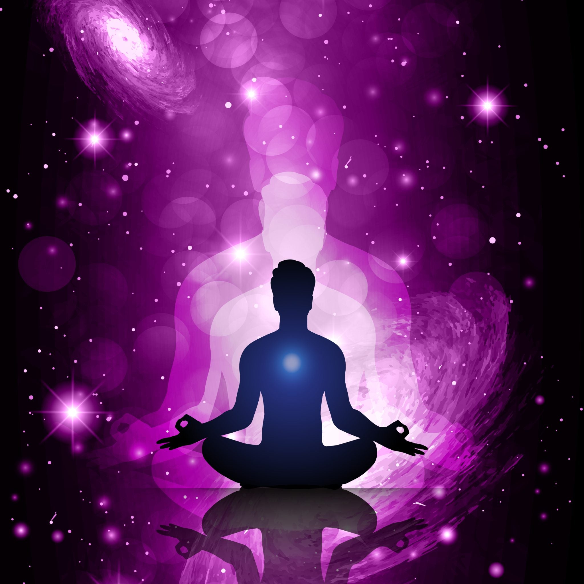 A dark silhouette of a person meditating in a lotus position, centred against a cosmic background of intense purple light, glowing stars, and galaxy spirals, representing the Violet Flame energy and spiritual transformation.