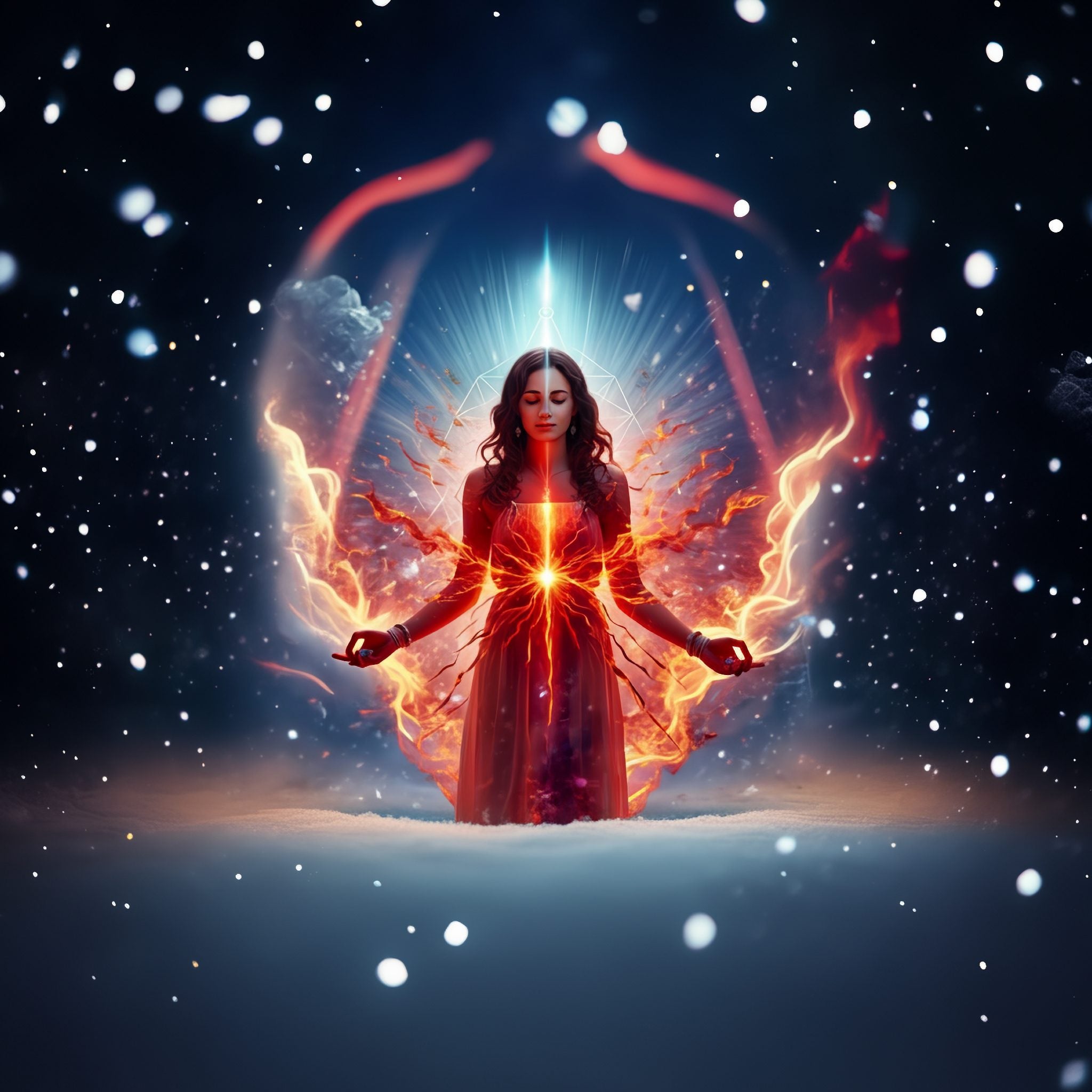 A meditating woman in a snowy space with fiery red energy radiating from her, signifying winter immunity prep support.