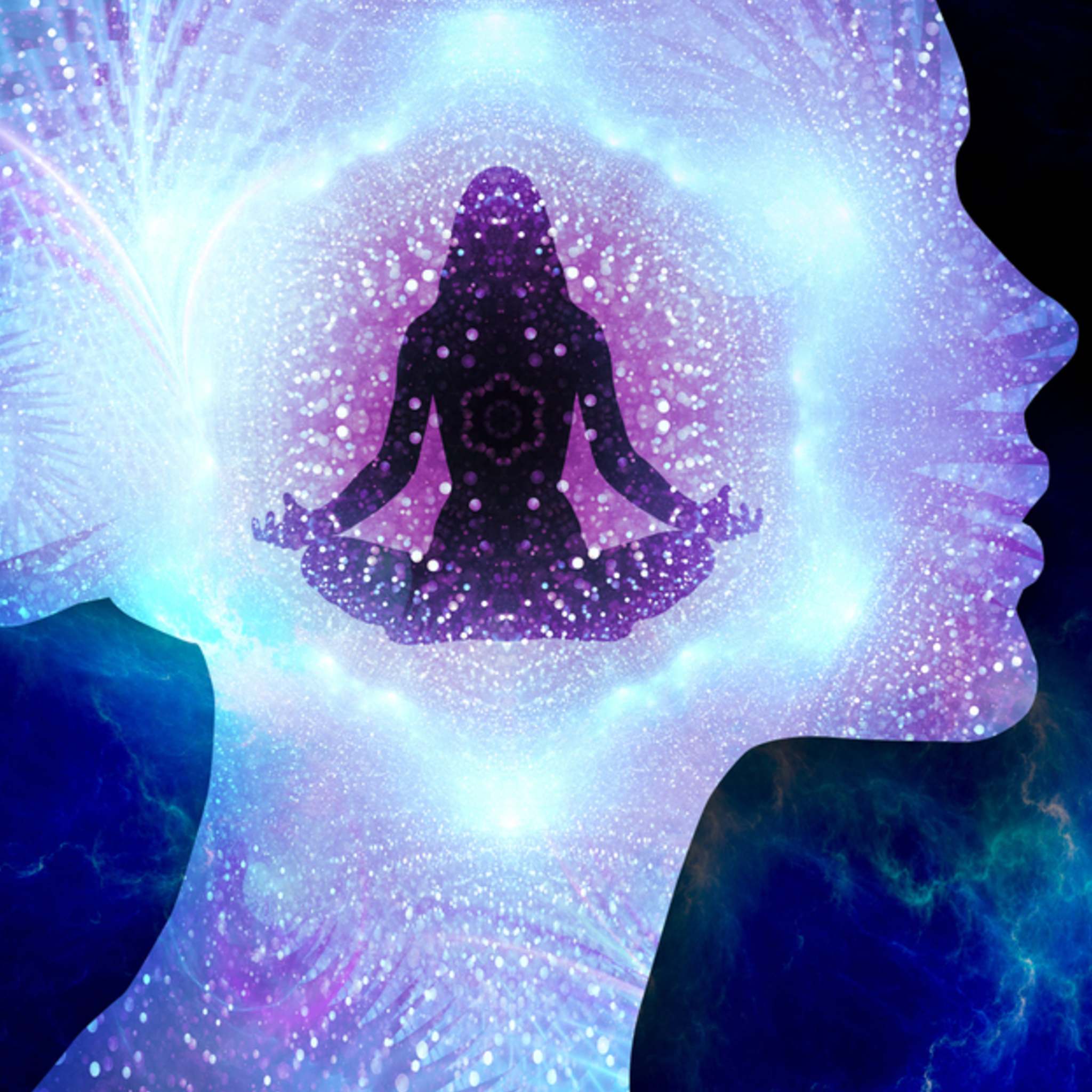 A silhouette of a person's head facing right, filled with swirling, luminous blue and purple cosmic energy. At the centre, a darker purple silhouette of a meditating figure sits in the lotus position, surrounded by a radiant, mandala-like pattern of light representing spiritual wisdom.