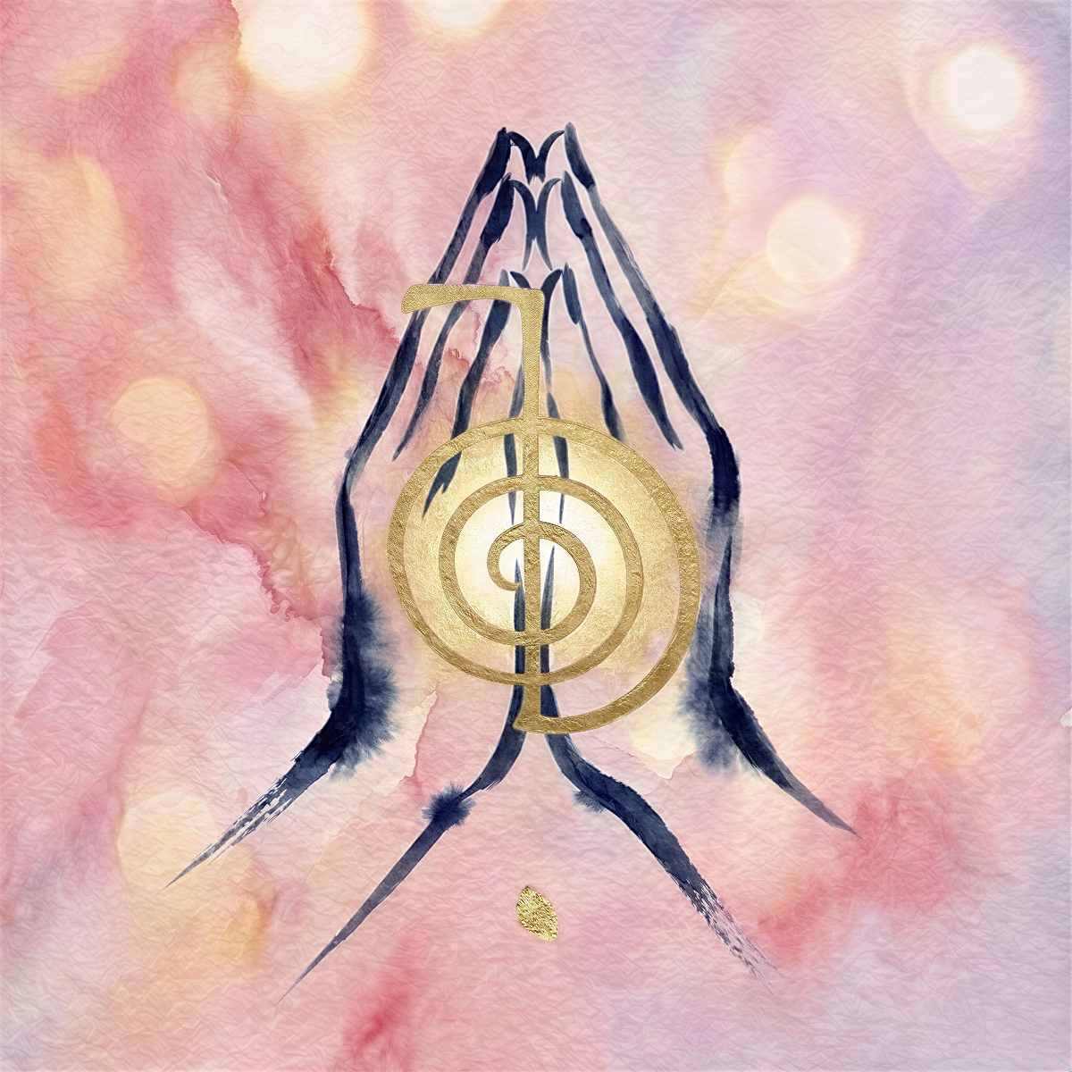 Disatnt Usui Reiki attunement praying hands with a gold Cho Ku Rei Reiki power symbol on soft pink watercoloor background.