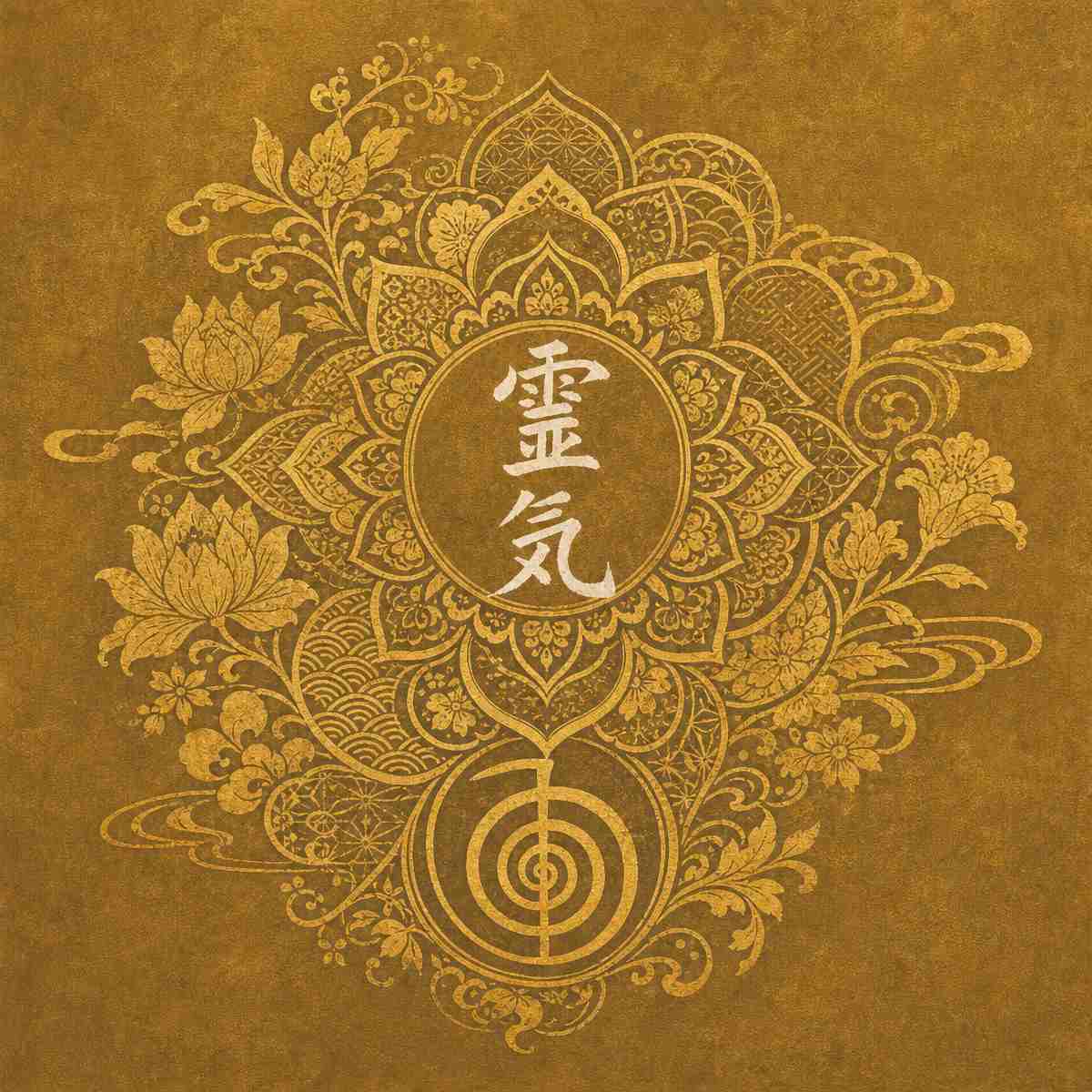 Traditional gold Japanese block print mandala with white Reiki kanji and Cho Ku Rei power symbol.
