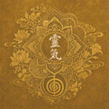 Traditional gold Japanese block print mandala with white Reiki kanji and Cho Ku Rei power symbol.