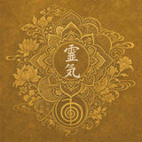 Traditional gold Japanese block print mandala with white Reiki kanji and Cho Ku Rei power symbol.