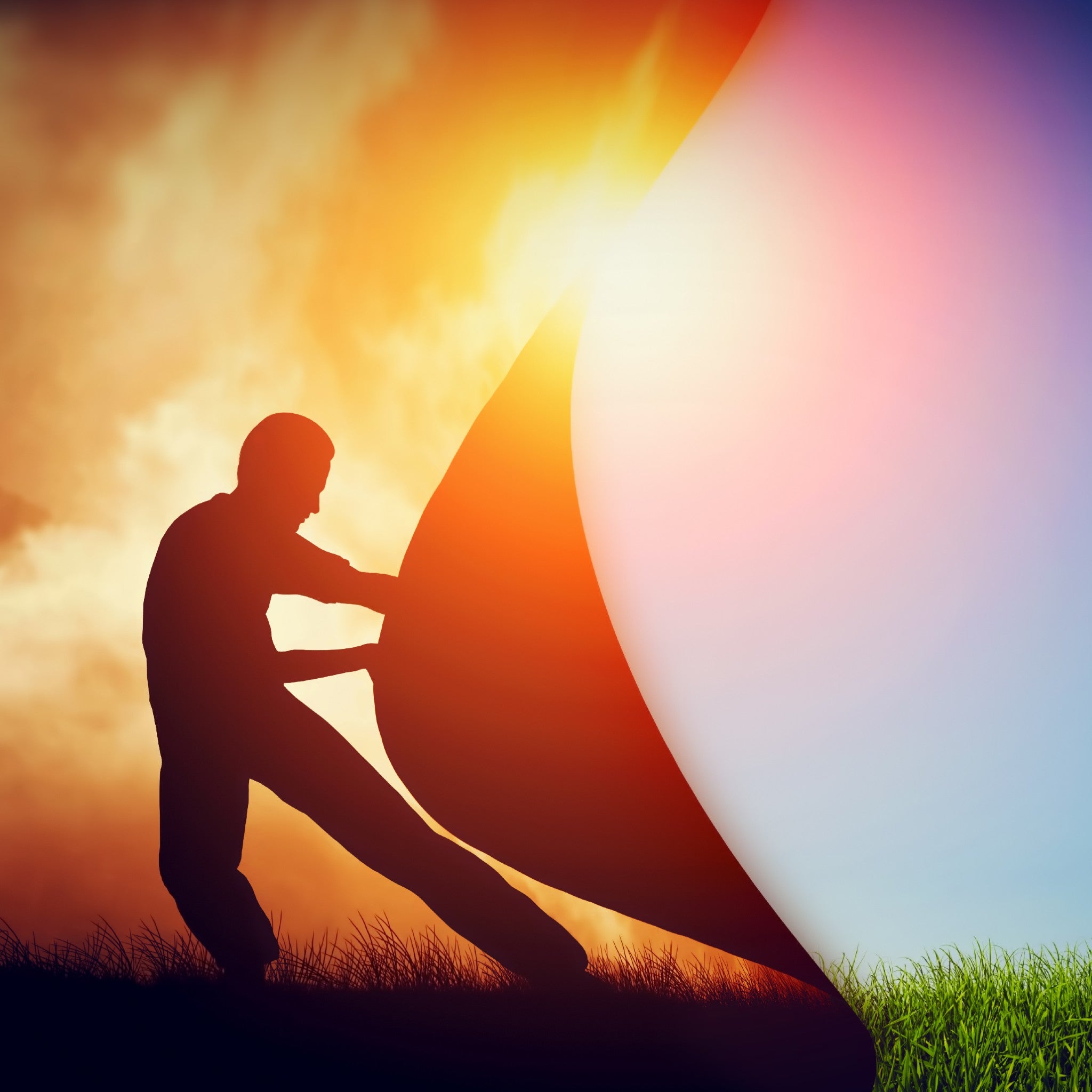 A man's silhouette pulling back an orange curtain or veil to reveal bright, pure light and blue sky, representing the veil lifted rite.