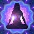 Silhouette of a person in meditation pose against a vibrant, multicoloured geometric background evoking the transformative energy of the violet flame and ascended masters.