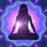 Silhouette of a person in meditation pose against a vibrant, multicoloured geometric background evoking the transformative energy of the violet flame and ascended masters.