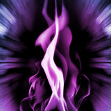 A digitally generated image depicting bright, vertical flames composed entirely of glowing, vibrant magenta and purple light. The flame is set against a black background with soft, radiating streaks of light extending outwards, powerfully representing the transformative energy of the violet flame.