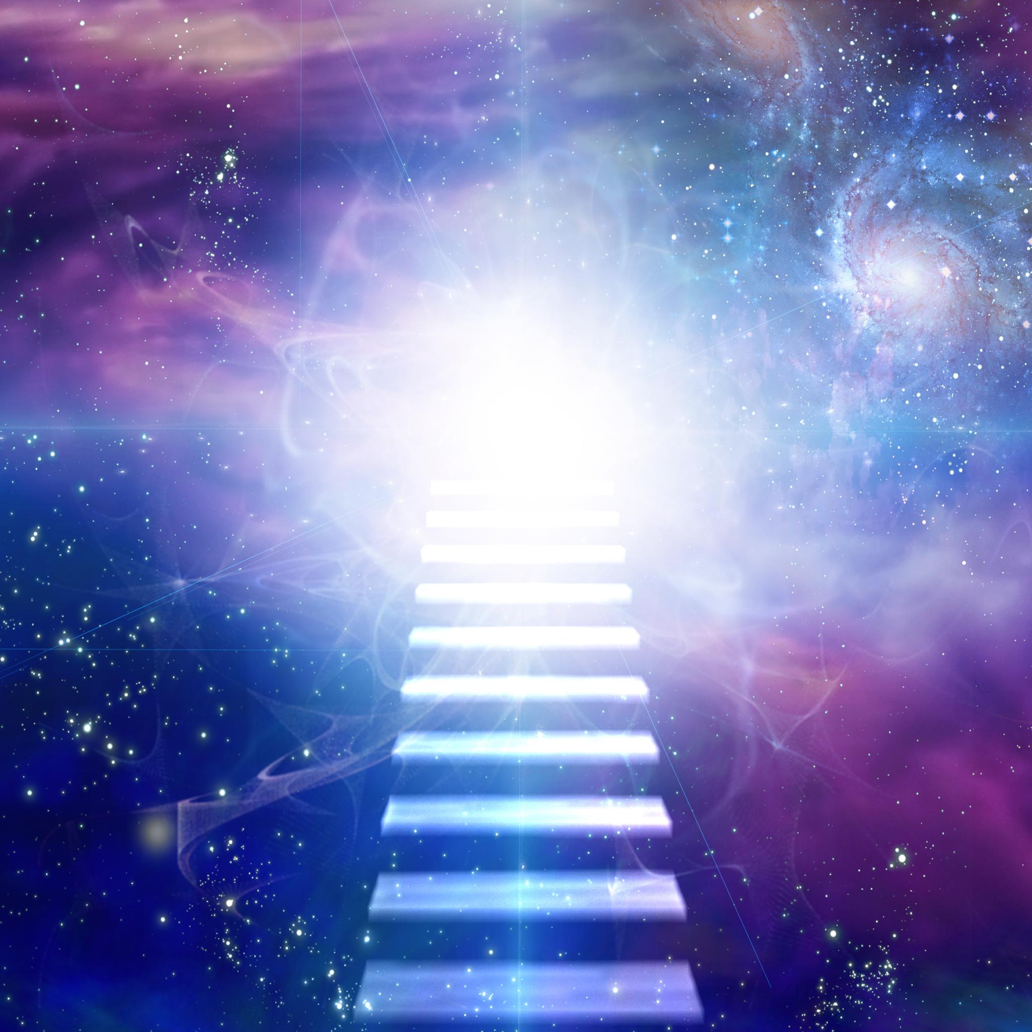 A mystical digital illustration featuring a bright, glowing, ethereal staircase leading upward towards a brilliant white light, surrounded by a dark, colourful cosmic sky of swirling violet flame, purple, blue, and pink nebulae and distant galaxies.