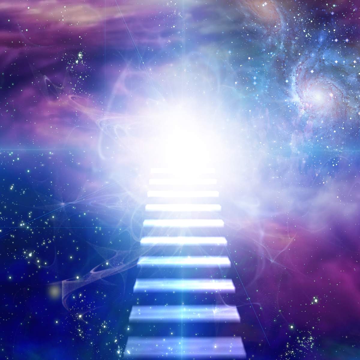 Ethereal staircase leading upward towards a white light, surrounded by a violet flame.