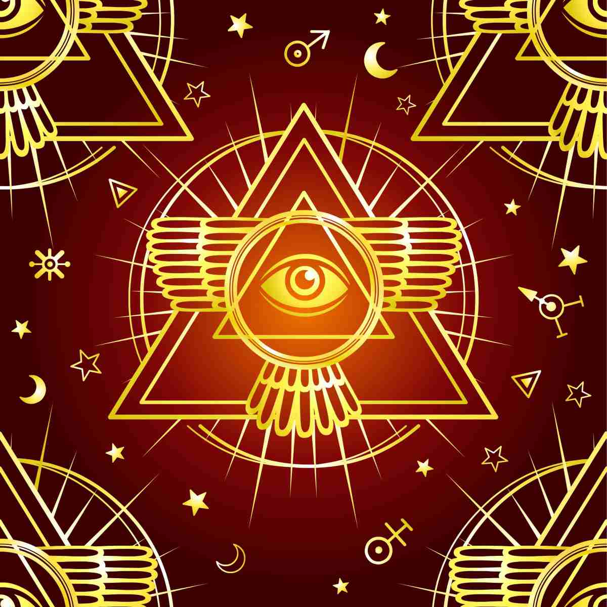Gold line art pattern of a winged eye of providence inside a pyramid, surrounded by celestial symbols on a red background.