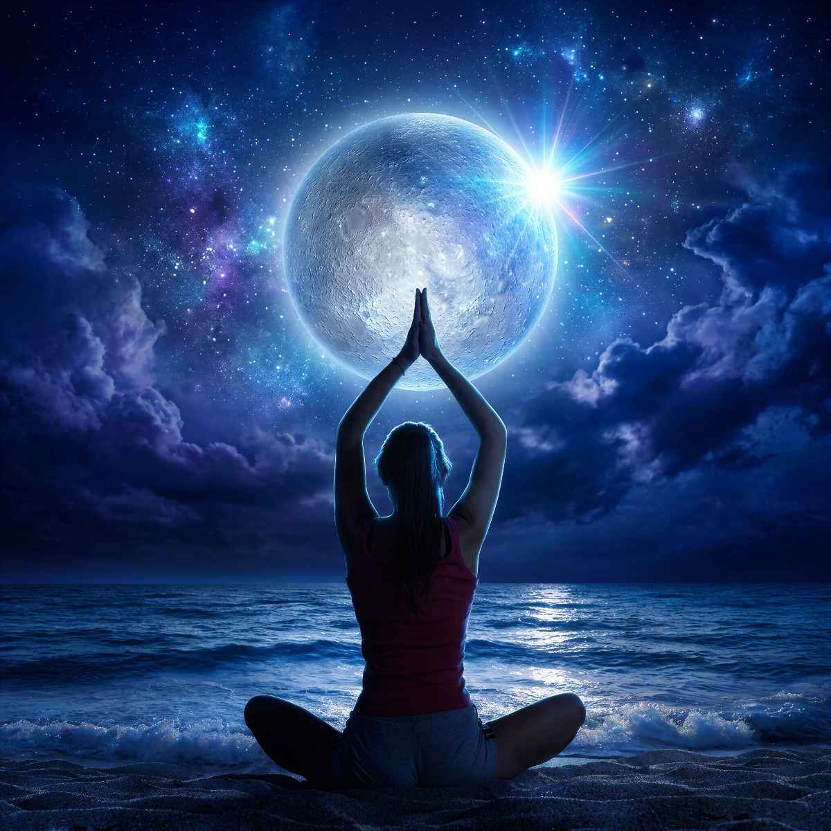 Woman sitting in a lotus position on a night beach with hands raised in prayer towards a large glowing full moon beneath a starry sky.